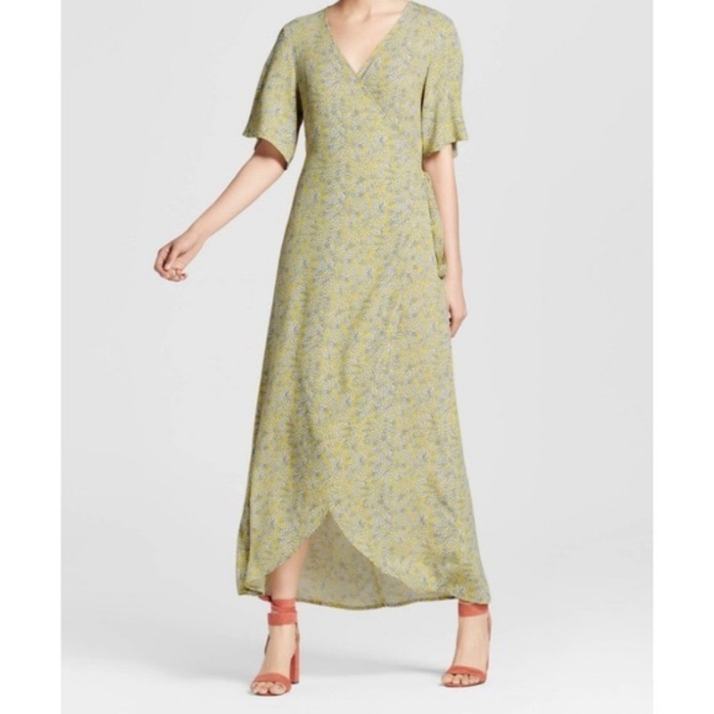 Who What Wear Long Yellow/Floral Wrap Dress